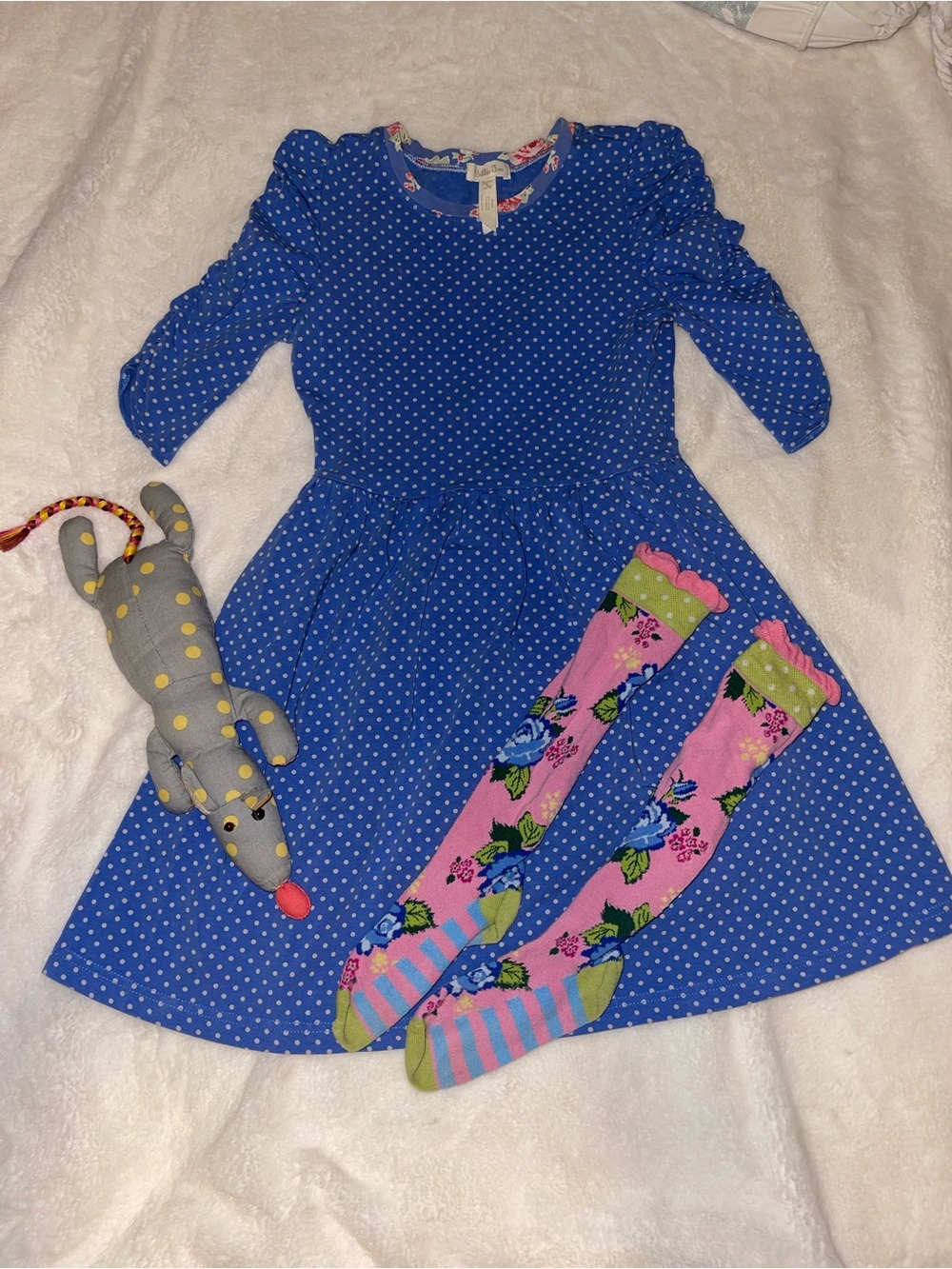 Matilda Jane Blue Polka Dot Dress SIZE 10 GUC with Pink Floral Knee Socks GUC